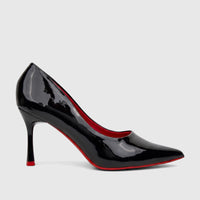 Black patent leather stiletto high heel dress court shoe with red sole and lining, presented in a side view.