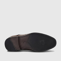 Brown boys' Pierre Cardin dress lace-up shoe, showing the textured rubber sole with branding and size details.