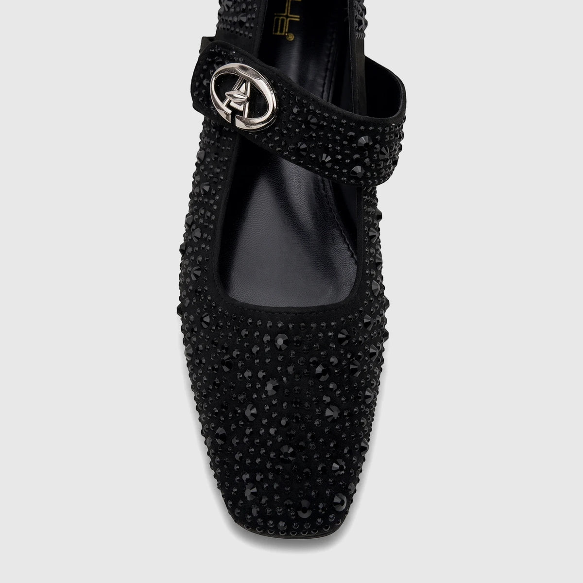 Black Bulbul ladies' evening pump with a square toe, sparkling rhinestone embellishments, and a Mary Jane strap with a