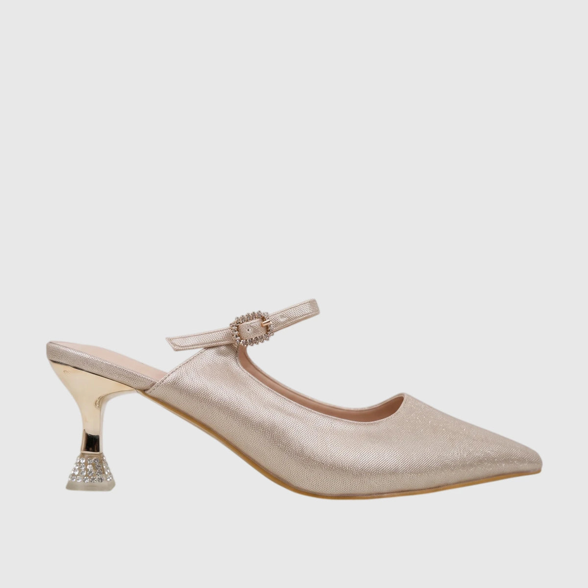 Gold glitter slingback kitten heel evening shoe with pointed toe, ornate buckle, and rhinestone-studded metallic heel.
