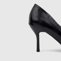 Black crocodile-textured Bulbul ladies' dress court shoe with a high heel, viewed from the side profile.