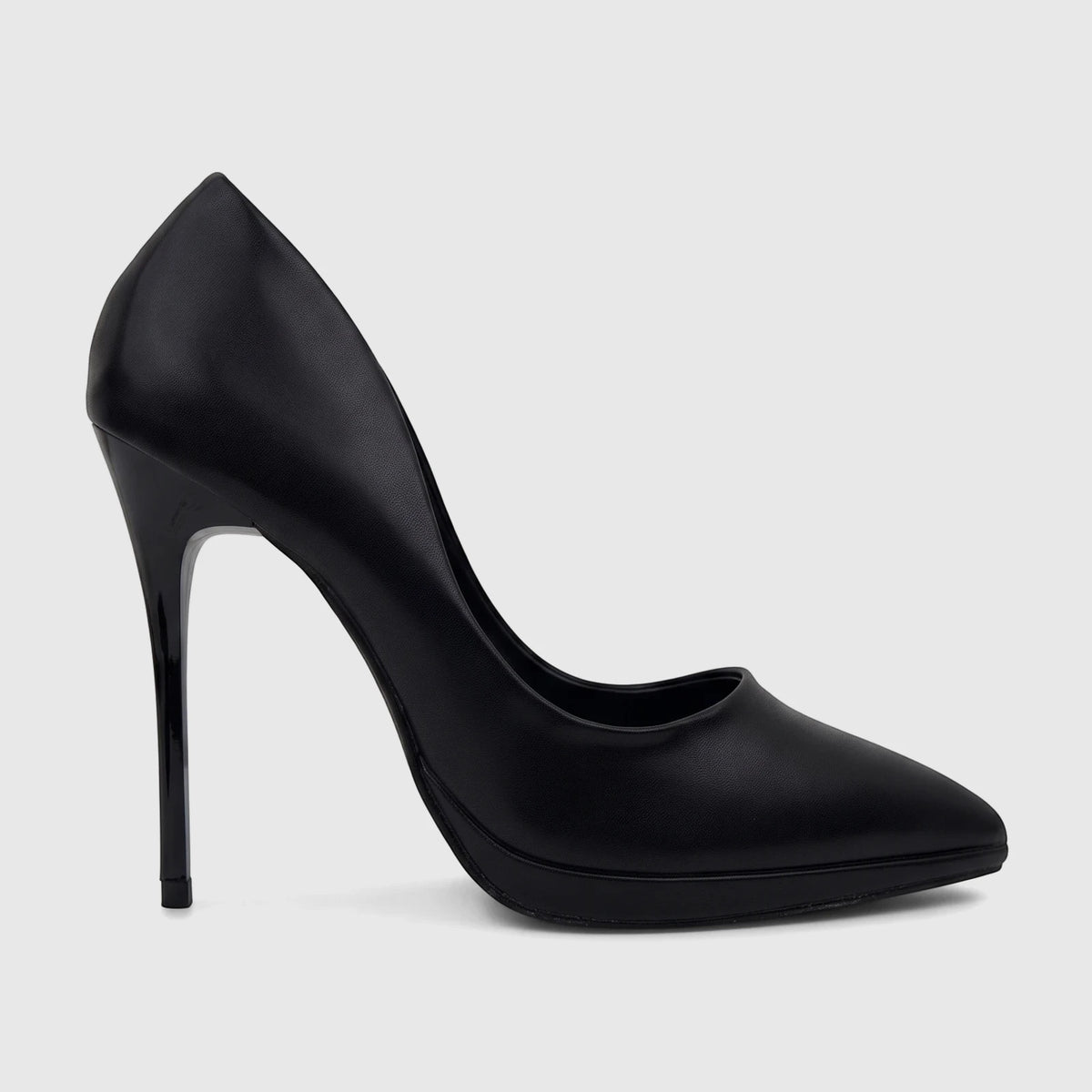 A sleek black Bulbul Ladies Dress Court Shoe, featuring a pointed toe and high stiletto heel, displayed in a profile view.