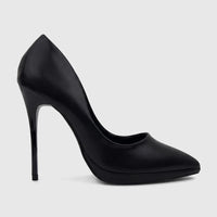 A sleek black Bulbul Ladies Dress Court Shoe, featuring a pointed toe and high stiletto heel, displayed in a profile view.