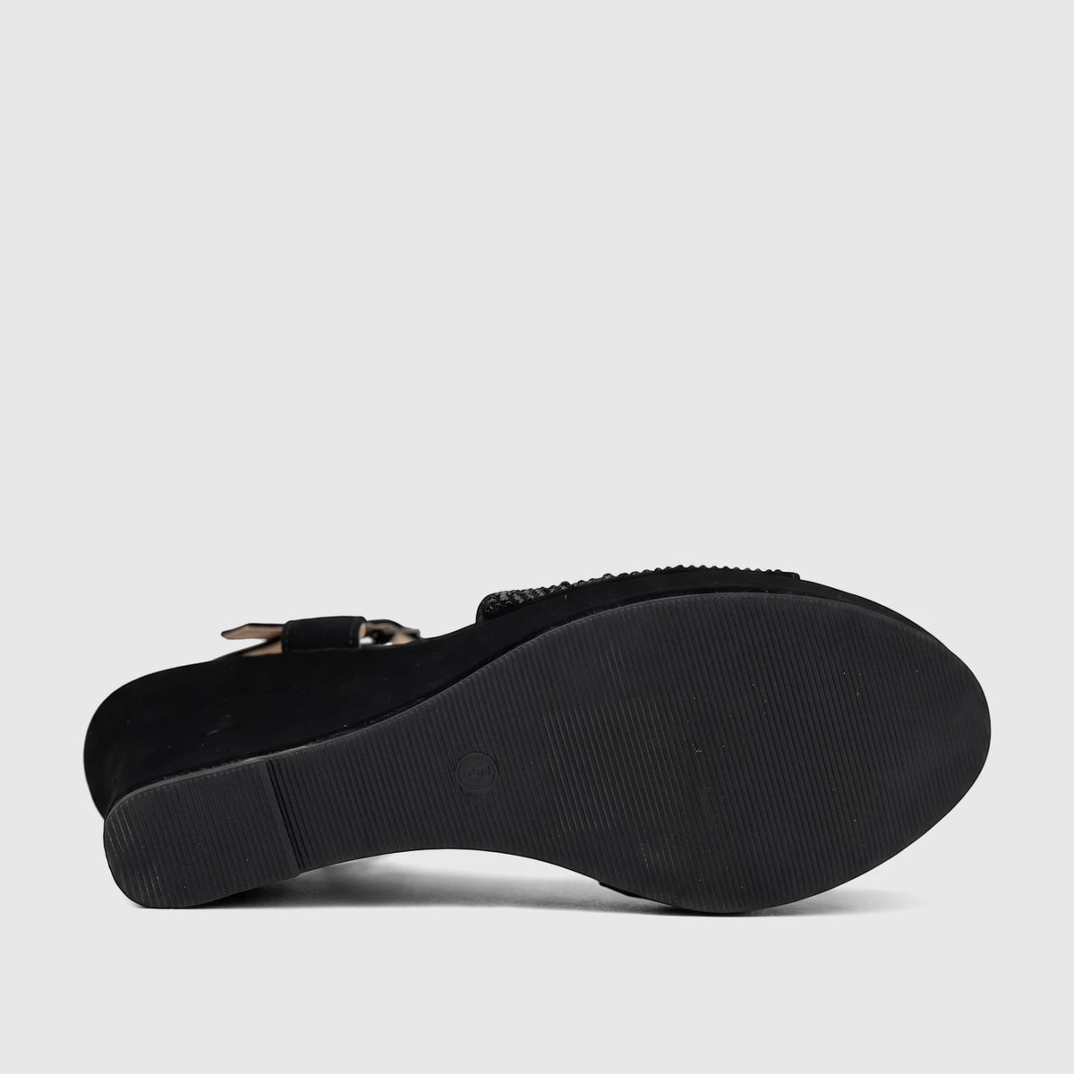 Bulbul Ladies Black Evening Wedge Sandal, viewed from the bottom side, showcasing the sole and embellished strap details.