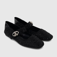 Pair of black Bulbul ladies' evening pumps, adorned with sparkling rhinestones and a Mary Jane strap with a silver buckle.