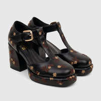 Black Bulbul Ladies Block Heel T-bar shoes with platform sole and intricate floral embroidery detail on a white background.