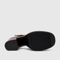 Brown Bulbul Ladies Block Heel shoe with black textured sole, T-bar strap, and wood-look heel, viewed from the underside.