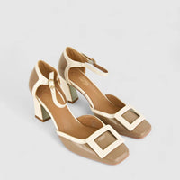 Bulbul Ladies Block Heel Sandal CAR-008 Khaki/White