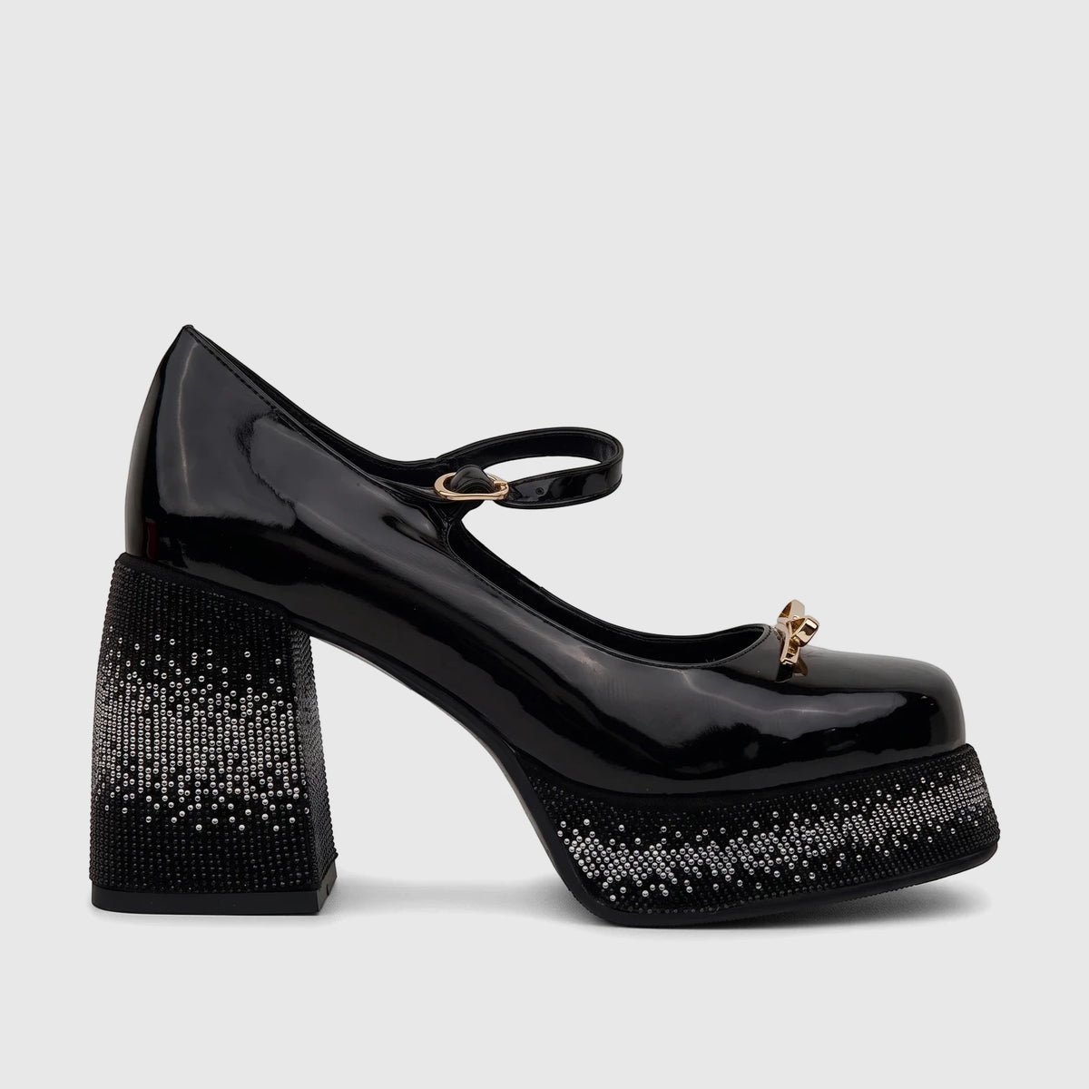 Black patent leather Bulbul Ladies Block Heel Mary Jane shoe with dazzling bling-covered platform and block heel, gold