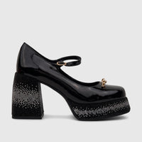 Black patent leather Bulbul Ladies Block Heel Mary Jane shoe with dazzling bling-covered platform and block heel, gold