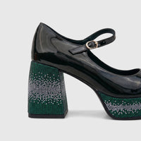 Bulbul Ladies Block Heel Mary Jane shoe with green and silver bling, featuring a black patent leather upper and a gold