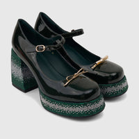 Dark green patent leather Bulbul Ladies Block Heel Mary Jane shoes with green and silver bling embellishment.