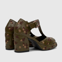 Bulbul Ladies Block Heel T-Bar shoes in olive green faux leather, featuring embroidered floral patterns and a sturdy block