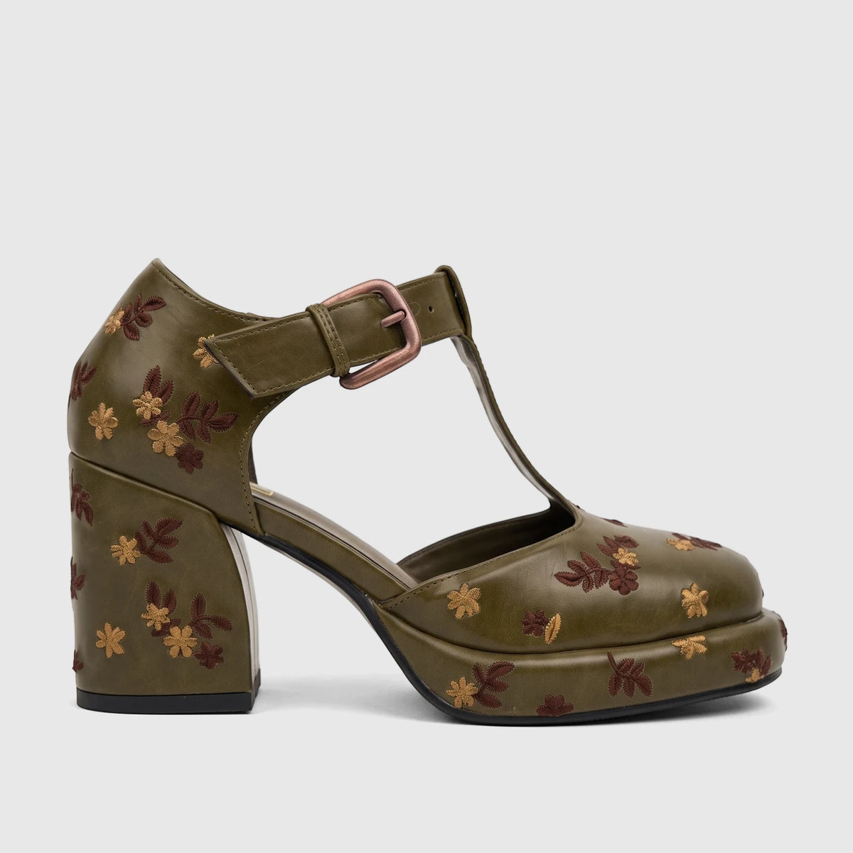 Khaki green Bulbul ladies block heel shoe with a T-bar strap, bronze buckle, chunky heel, and intricate floral embroidery.