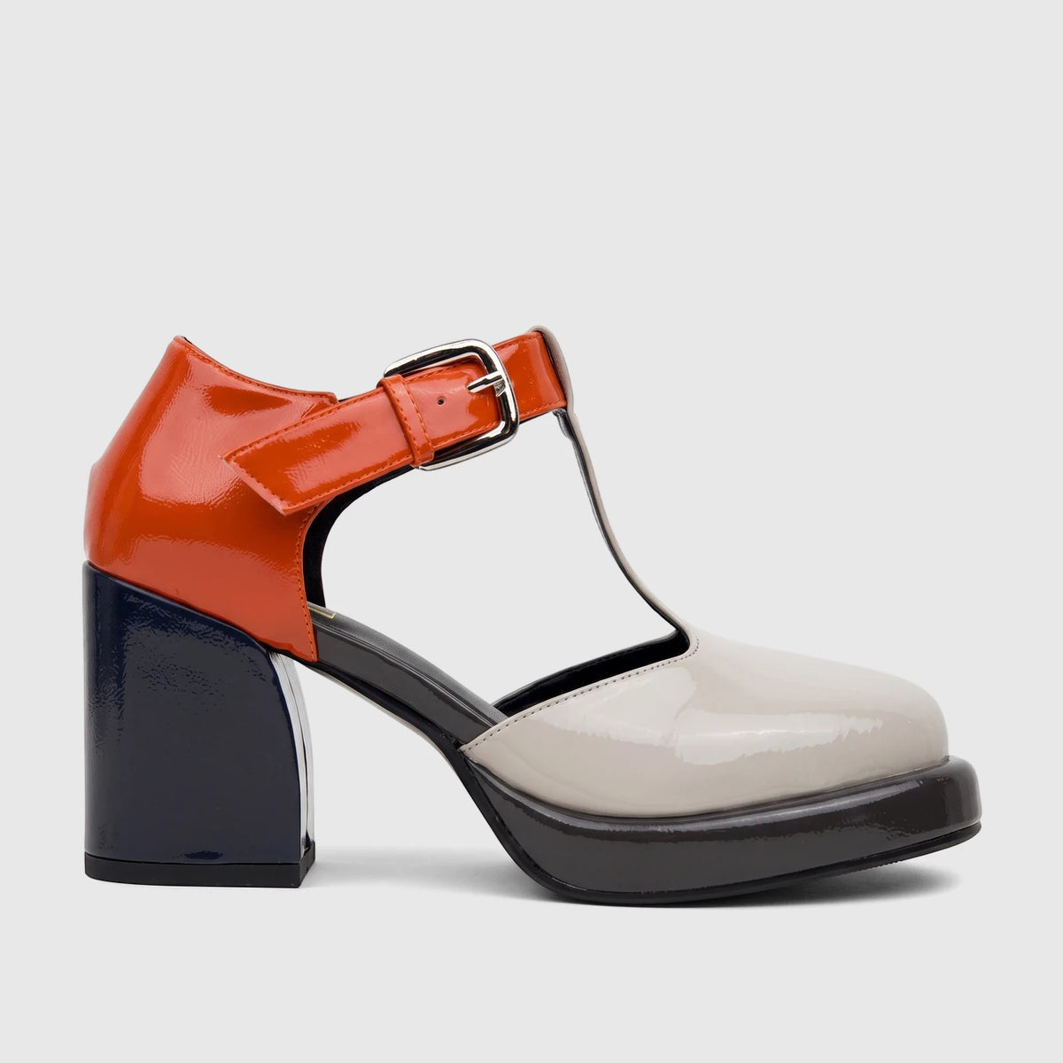 Bulbul Ladies Block Heel shoe in navy, grey, orange, and off-white patent leather, with a T-bar strap and chunky heel, side