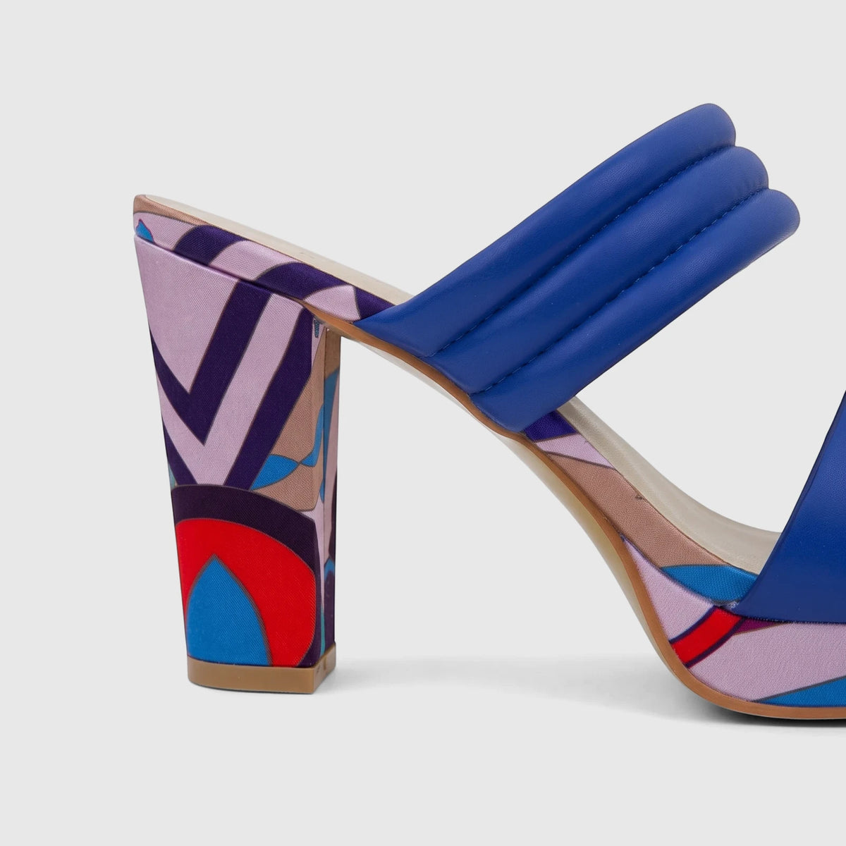 Bulbul Ladies Casual Block Heel Mule in blue with a distinctive multicolor patterned block heel and padded strap.