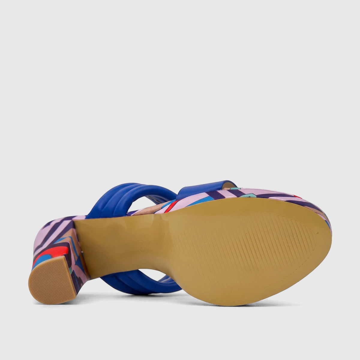 Bulbul Ladies Casual Block Heel Mule Blue HAR111 with multicolor patterned upper and tan sole, viewed from a low angle.