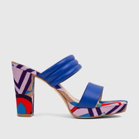 Bulbul Ladies Casual Block Heel Mule in blue with padded straps and a vibrant geometric pattern on the block heel and