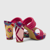 Bulbul Ladies Casual Block Heel Mule Fuchsia HAR111, showcasing vibrant fuchsia padded straps and geometric patterned heels.