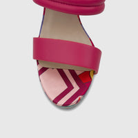 Close-up of a Bulbul Ladies Casual Block Heel Mule in fuchsia, featuring wide straps and a multi-colored geometric pattern