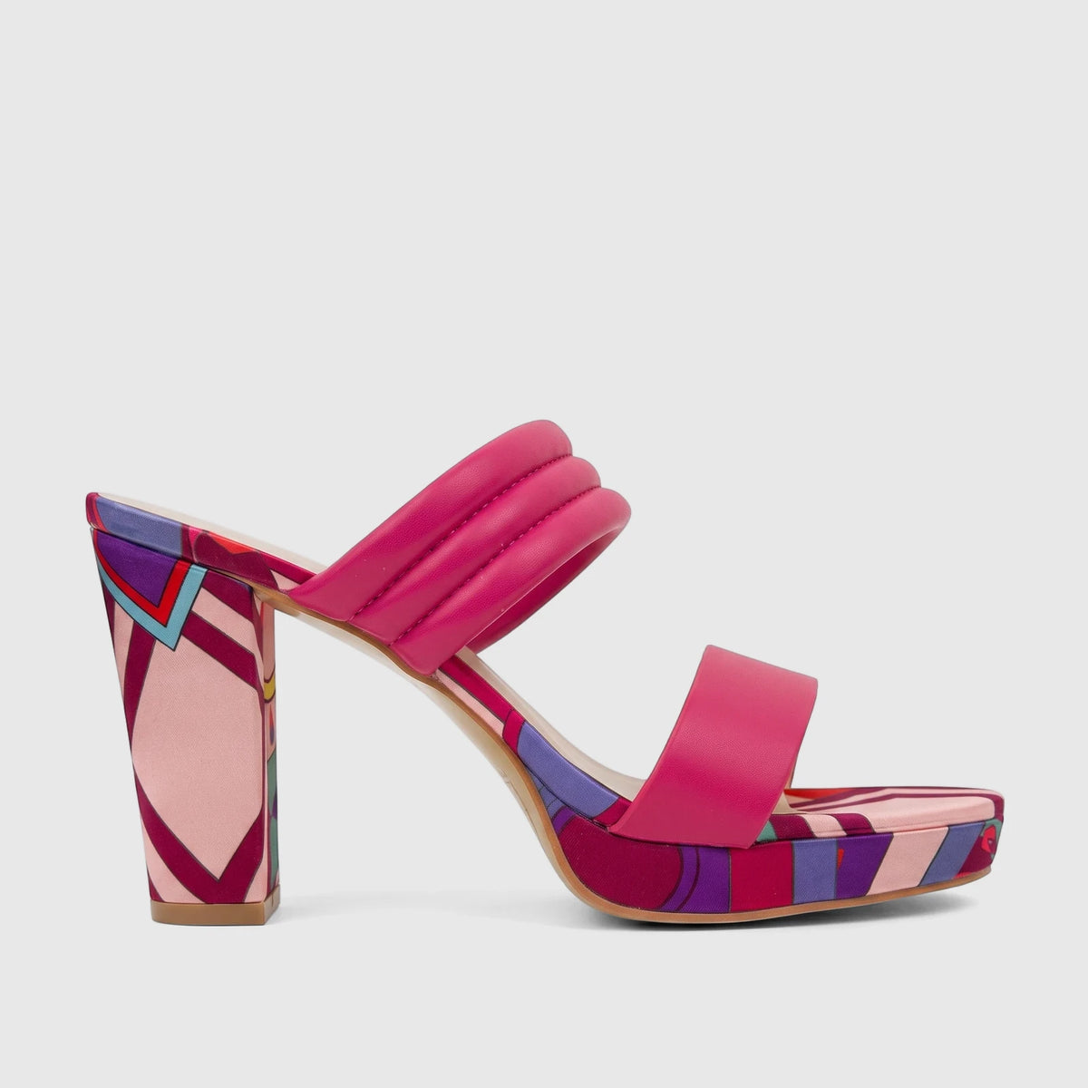 Bulbul Ladies Casual Block Heel Mule in fuchsia, featuring padded double straps and a colorful abstract patterned block heel