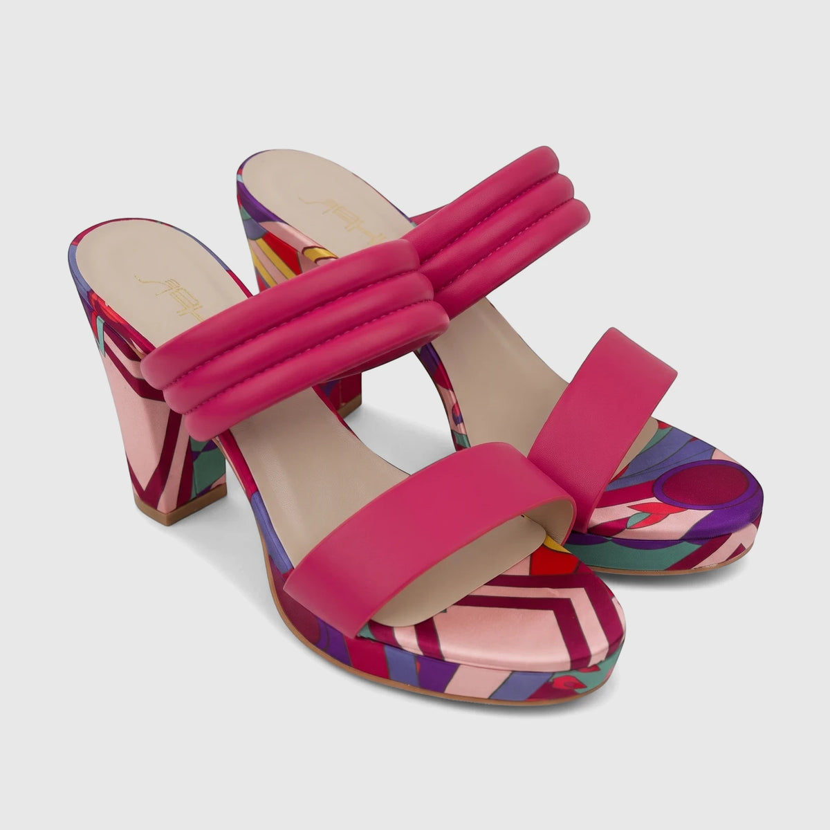 Bulbul Ladies Casual Block Heel Mule in fuchsia, featuring colorful patterned platform and padded straps, viewed from an
