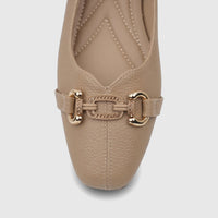 Close-up of a beige Bulbul ladies' casual pump with a textured upper and a gold-toned buckle embellishment.