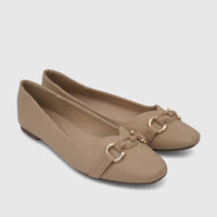 Pair of beige Bulbul ladies casual pump shoes with textured material and gold-tone chain-link hardware.