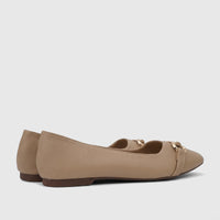 Beige pebbled faux leather Bulbul women's casual pump ballet flats with gold chain detail, viewed from the side.