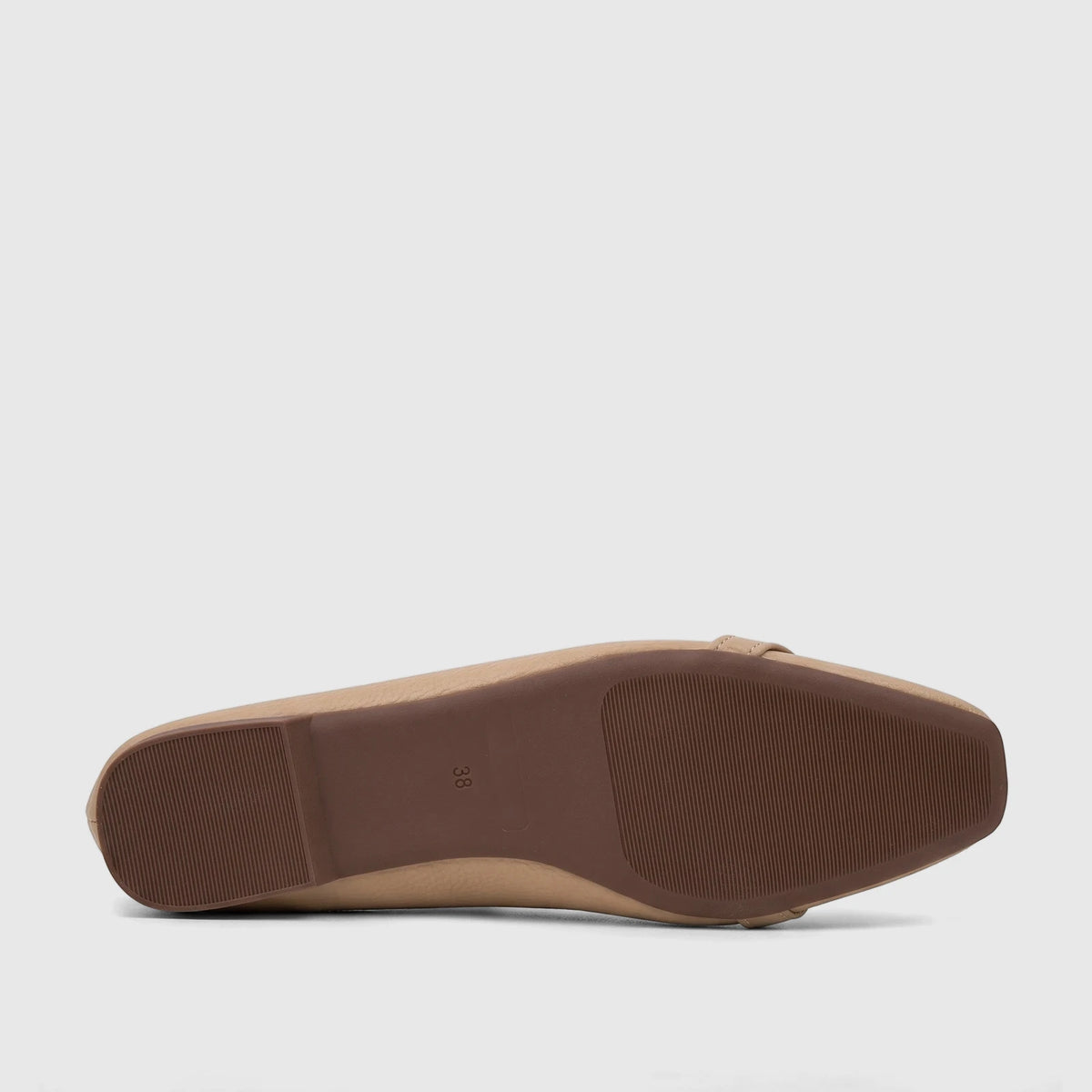 Bulbul Ladies Casual Pump in beige, square-toe design with a brown sole. View from below, size 38 visible on the sole.