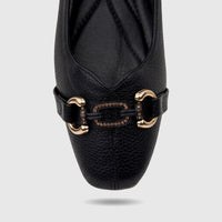 Front view of a black textured faux leather Bulbul Ladies Casual Pump HAR119, featuring a gold-toned buckle with rhinestone