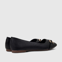 A pair of black Bulbul Ladies Casual Pumps with textured material and a gold chain-link accent, viewed from the side.