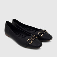 A pair of black Bulbul ladies' casual pumps, featuring a textured faux leather upper and decorative gold-tone chain hardware