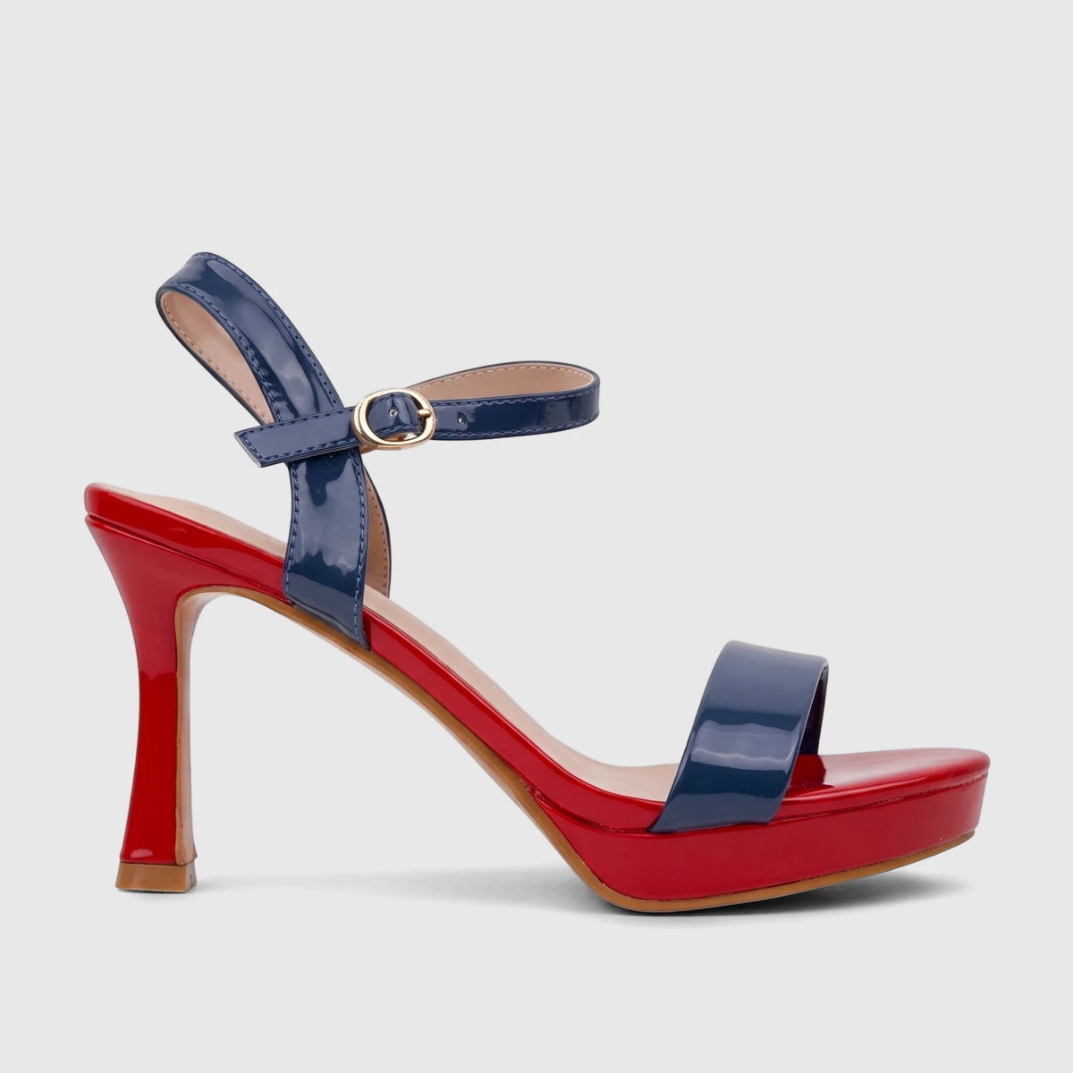 Bulbul Ladies Casual Slingback Sandal in blue and red patent leather with a high curved heel, shown from the side.