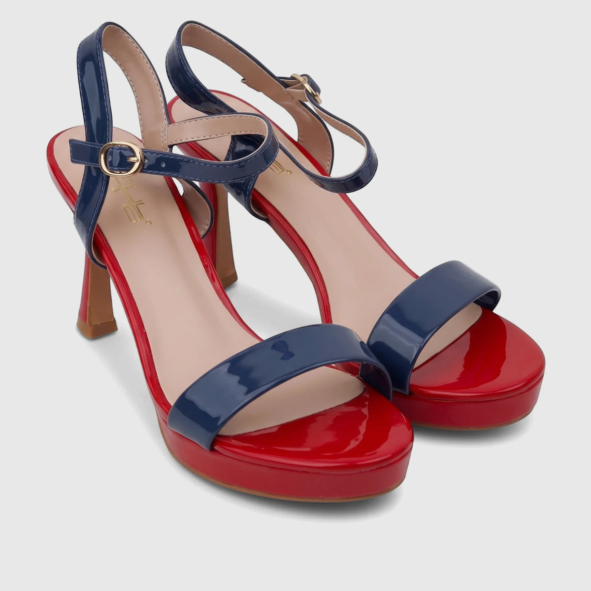 Bulbul Ladies Casual Slingback Sandal HAR112 in glossy blue and red patent leather, featuring an open toe and high heel.