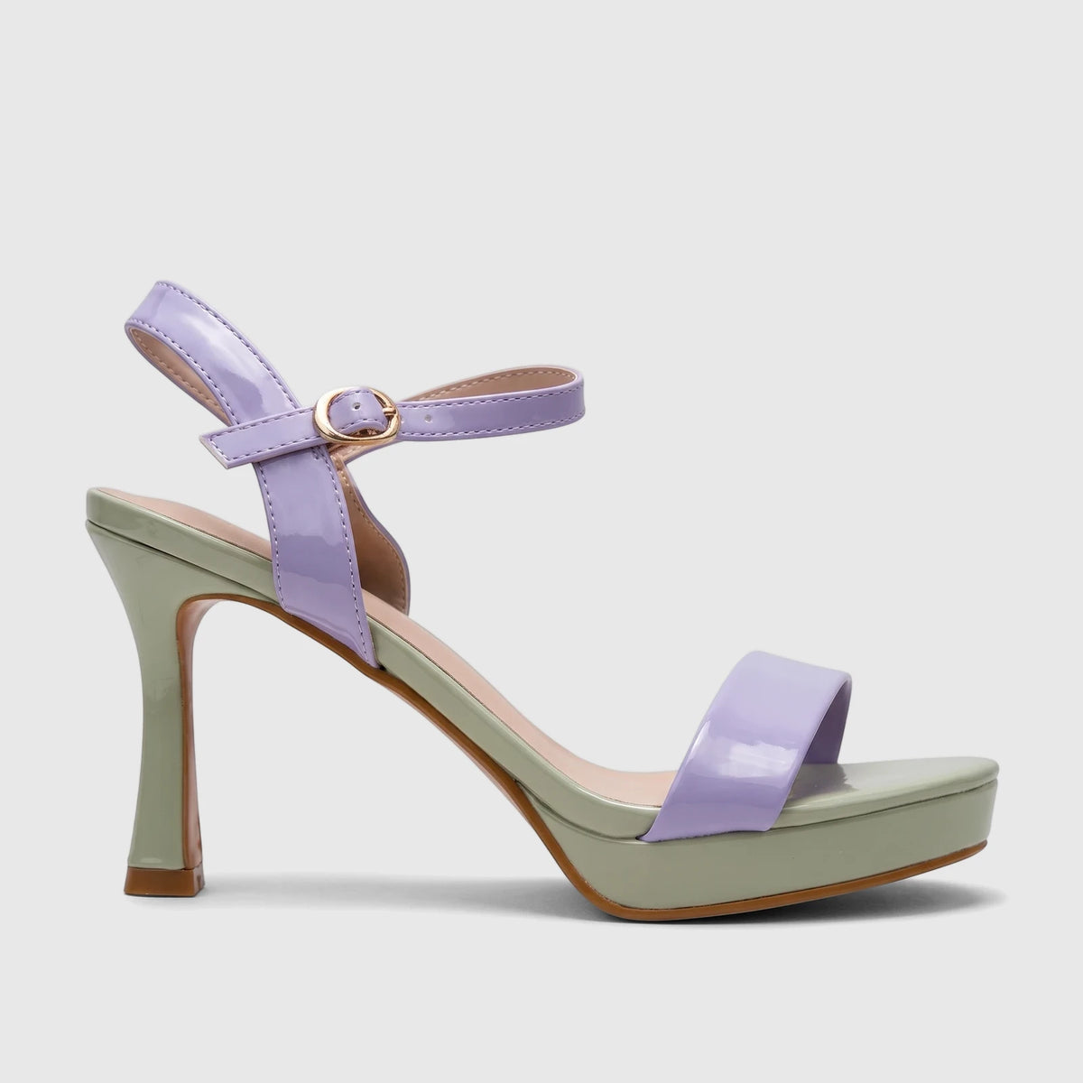 Bulbul Ladies Casual Slingback Sandal with light purple patent leather straps and green high heel, side view.