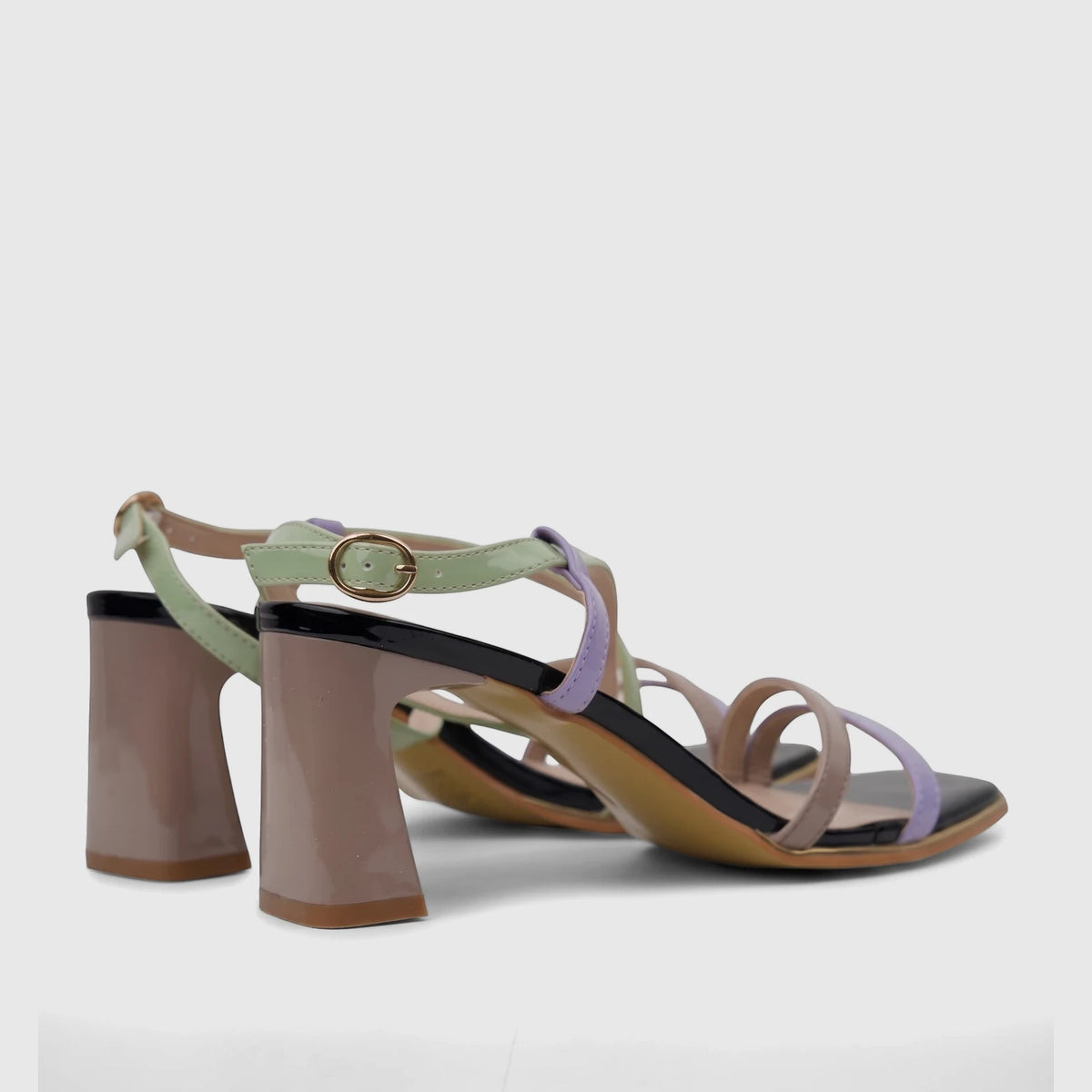 A pair of Bulbul Ladies Casual Slingback Sandals in light purple multi-color, with block heels and pastel straps.