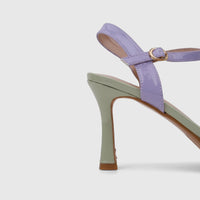 Bulbul Ladies Casual Slingback Sandal in light purple and green. Features a patent leather finish, high heel, and gold