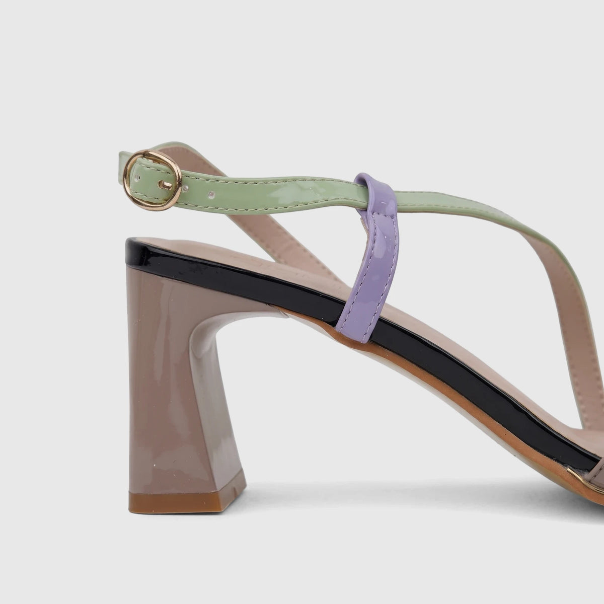 Bulbul Ladies Casual Slingback Sandal Lt Purple Multi HAR113, a side view of glossy patent leather high-heeled sandal with