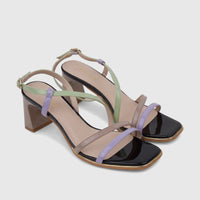 Bulbul Ladies Casual Slingback Sandals in light purple, mint green, and beige, with black glossy toe box and brown block