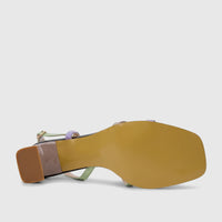 Bulbul Ladies Casual Slingback Sandal in light purple multi-color, detailed view of the textured sole and block heel.