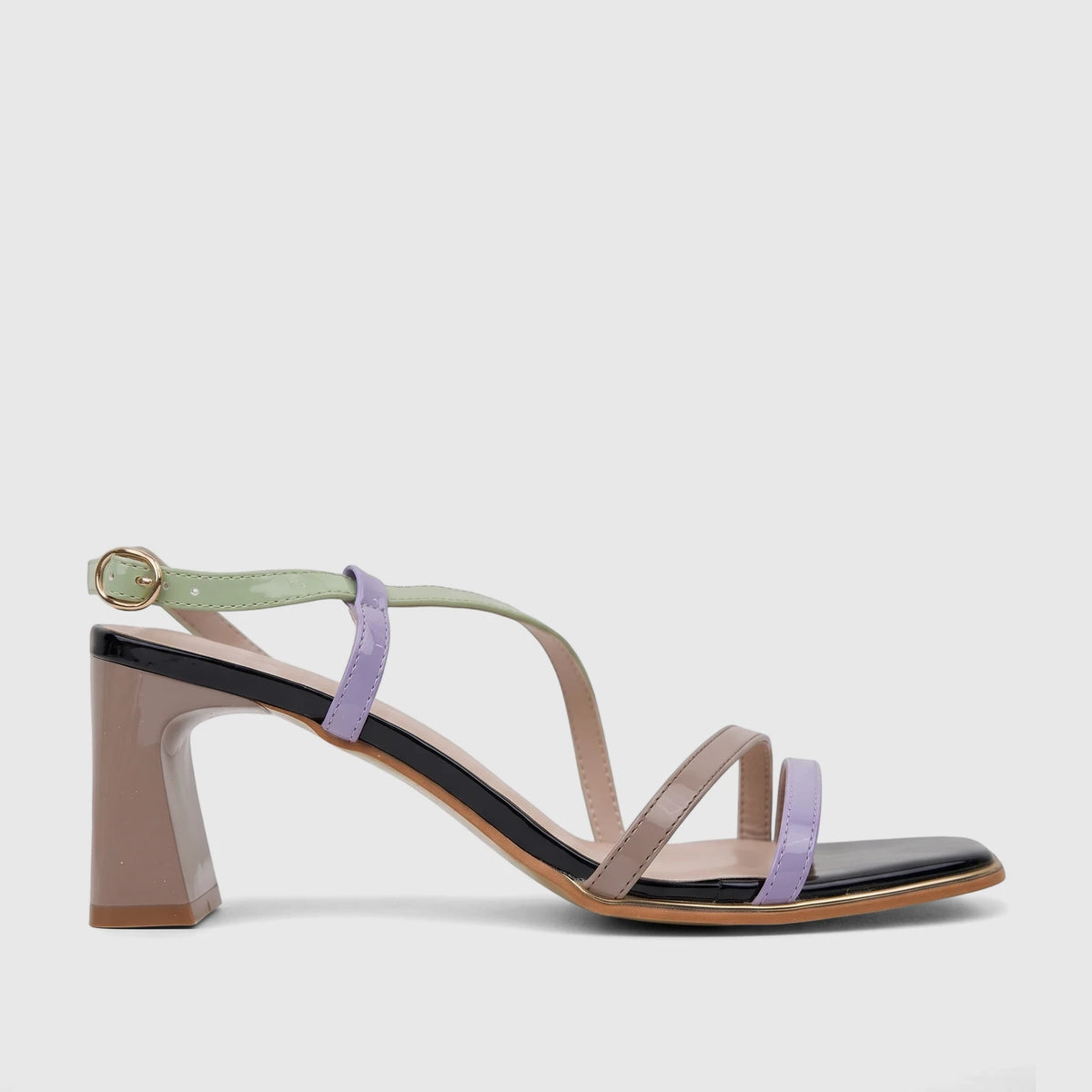Bulbul Ladies Casual Slingback Sandal with multi-color patent leather straps and a beige block heel, side view.