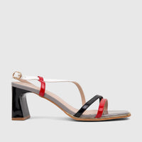 A Bulbul Ladies Casual Slingback Sandal in red, black, white, and gray with a square toe and block heel, seen from the side.