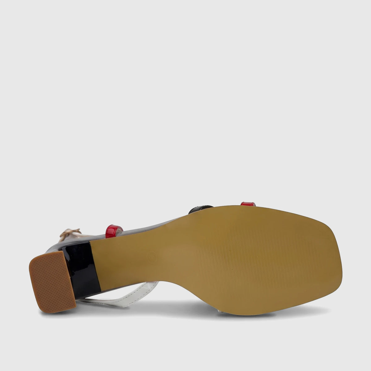 Bottom view of a Bulbul Ladies Casual Slingback Sandal Red Multi HAR113, showcasing the textured brown sole and block heel