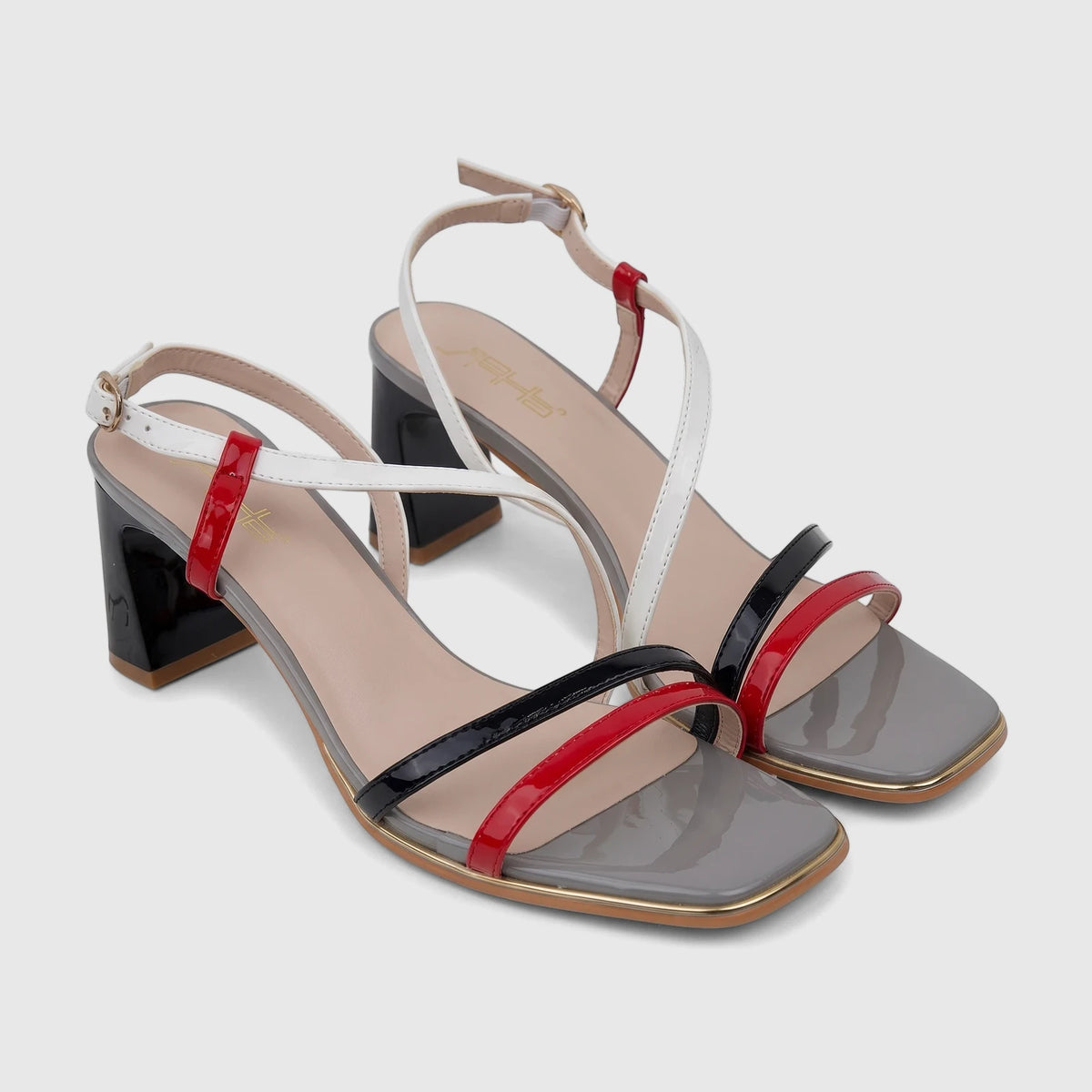 Bulbul Ladies Casual Slingback Sandal HAR113 with red, black, and white patent straps, grey footbed, and black block heel.