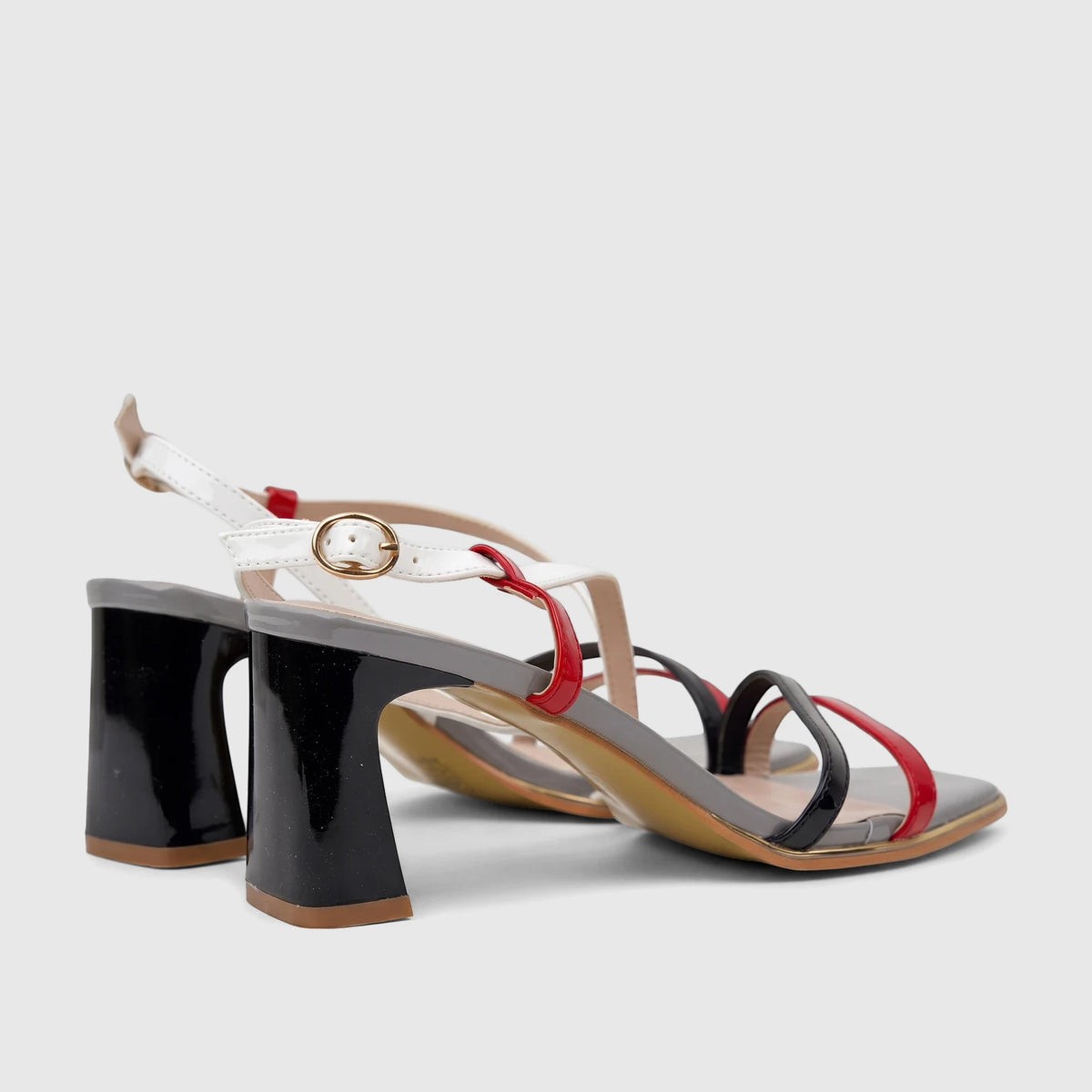 Pair of Bulbul Ladies Casual Slingback Sandals Red Multi HAR113, with white, red, black, and grey patent straps and chunky