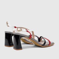Pair of Bulbul Ladies Casual Slingback Sandals Red Multi HAR113, with white, red, black, and grey patent straps and chunky