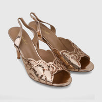 Bulbul ladies' champagne sequin slingback sandals with open toes and stiletto heels, detailed with a scalloped edge.