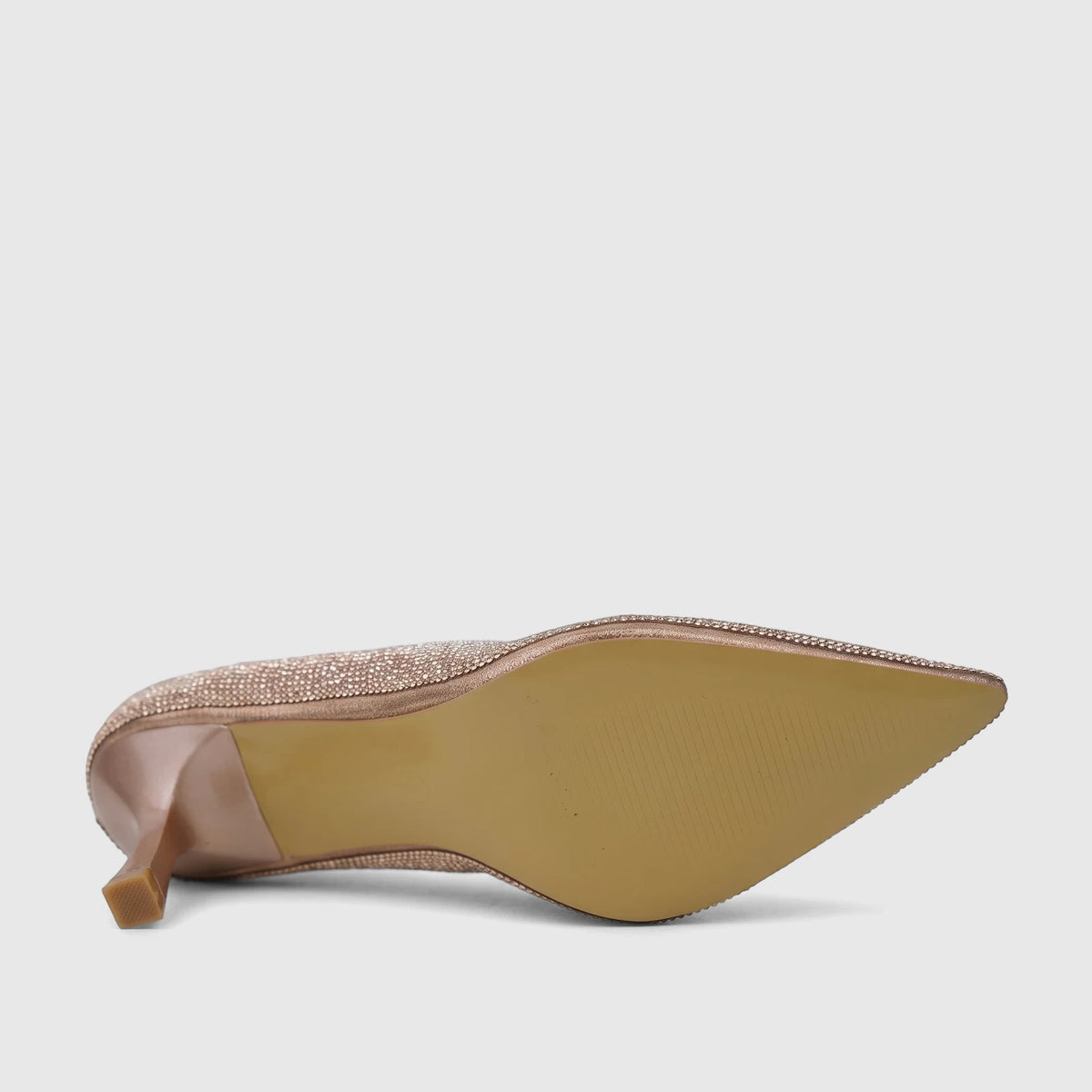 Champagne sparkly Bulbul ladies evening court shoe with a pointed toe and mid-height heel, showcasing the sole from a bottom