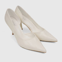 Pair of cream pointed-toe open waist court shoes for ladies, made with textured material, shown from a slightly elevated